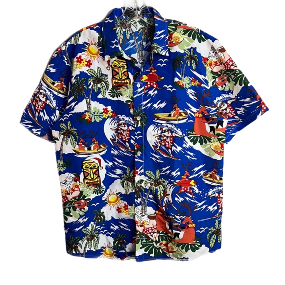 SSLR Sz Medium Blue White Hawaiian‎ Print Ugly Christmas Shirt RARE